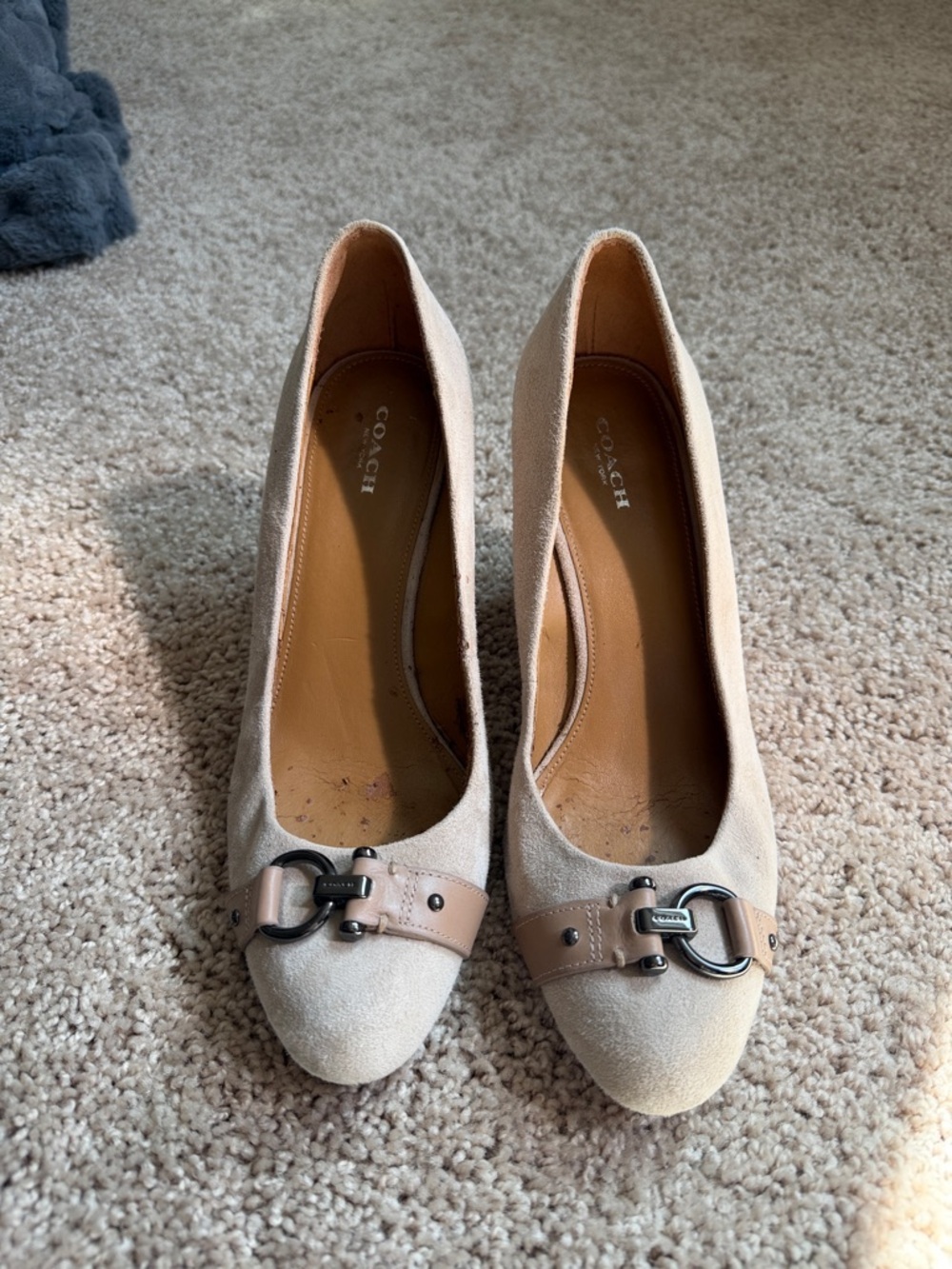 Coach Beige Suede Heels with Buckle Accent